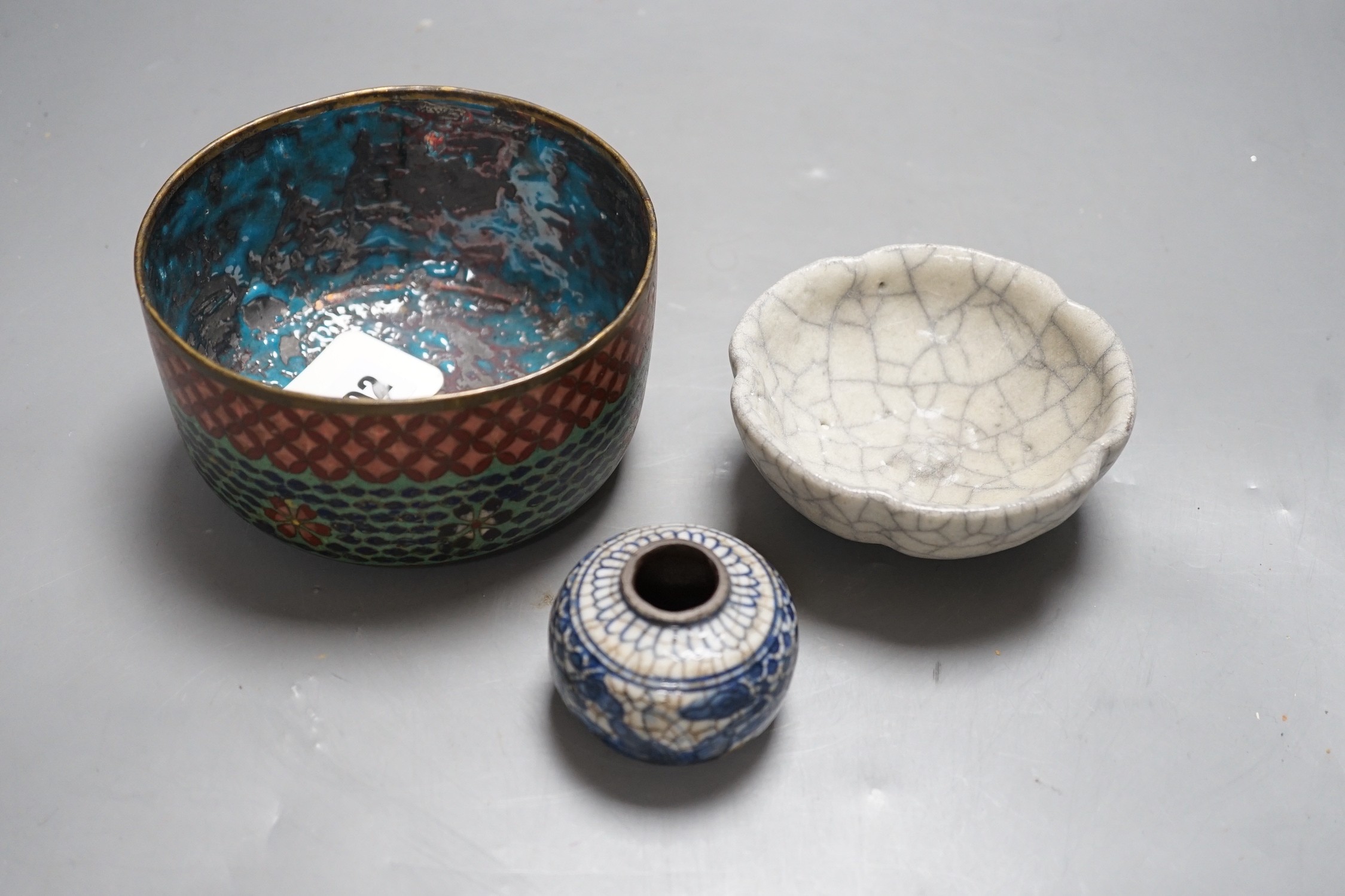 A Chinese crackle ware bowl a blue and white ink pot and a cloisonné enamel cover, crackle ware bowl 10.5 cms diameter